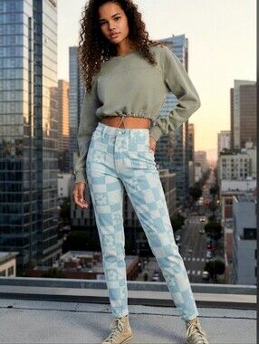 PacSun Eco Flower Mom Checkerboard Jeans Medium Indigo High Rise Size 29 NWT